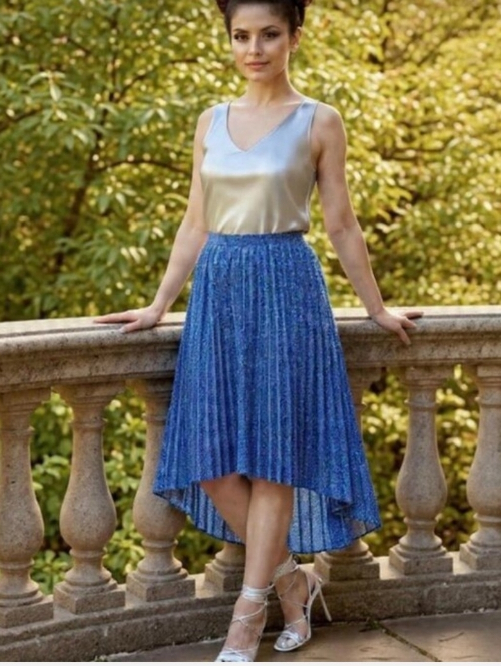 Michael Kors Blue and White Pleated Skirt High Low Sz. S